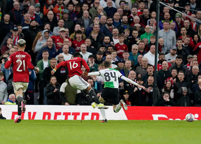 Amad Diallo pictured (no.16) scoring for Manchester United in a 4-3 win over Liverpool in the quarter-finals of the FA Cup in March 2024